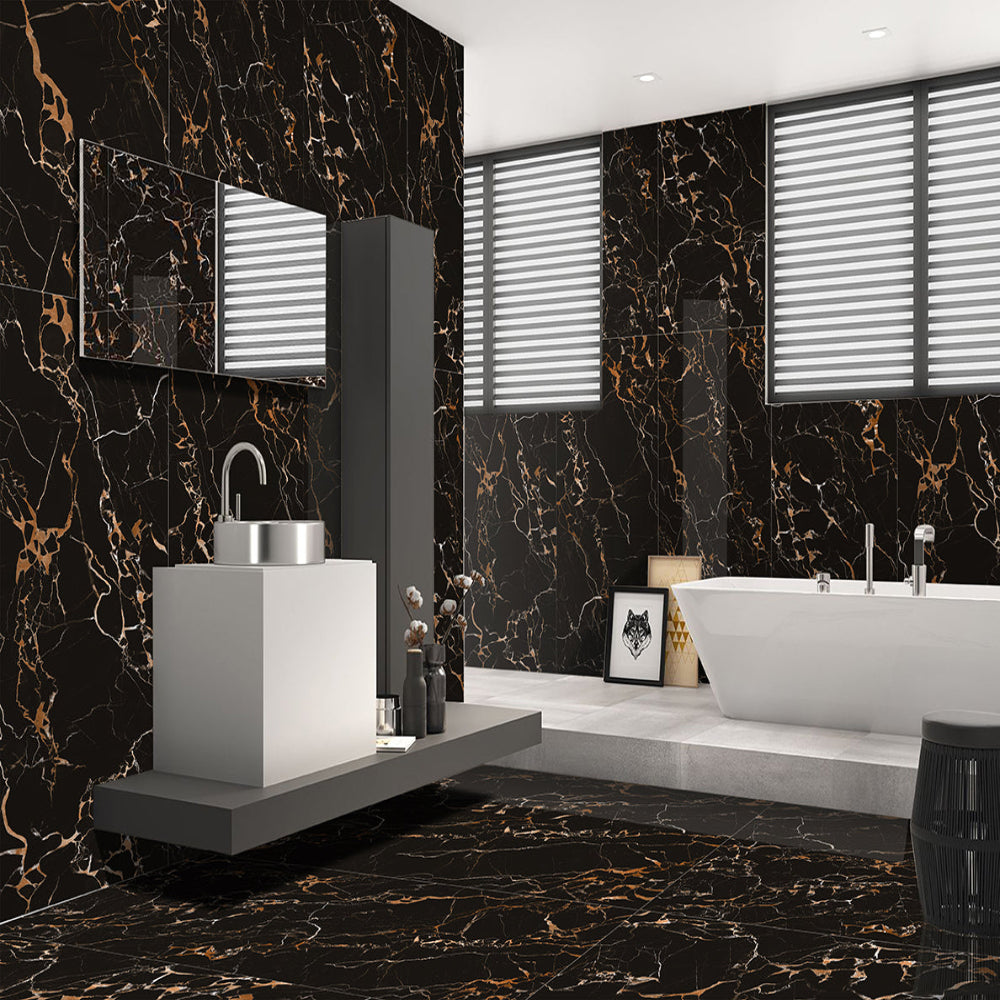 Modern bathroom with black marble walls and floor, white fixtures