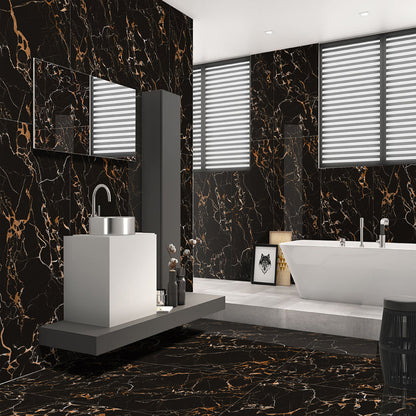 Modern bathroom with black marble walls and floor, white fixtures
