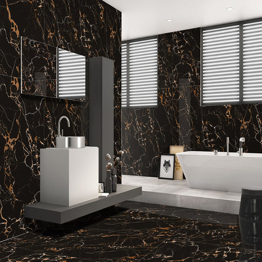 Modern bathroom with black marble walls and floor, white fixtures