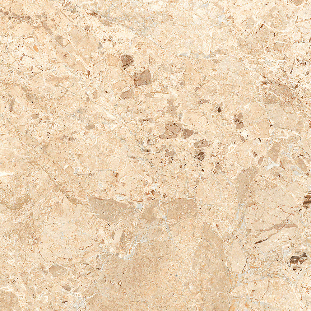 Large open-plan living room floor featuring high-gloss Breccia Nova 600x600mm tiles with minimal grout lines.