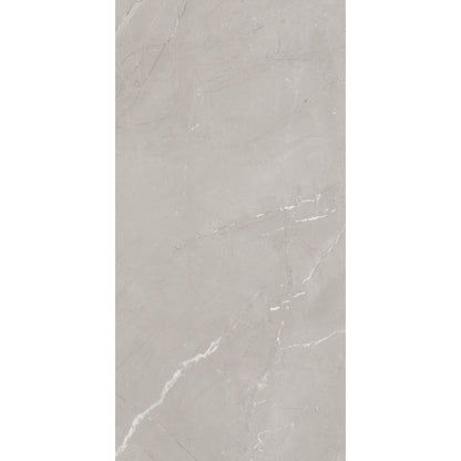 Close-up of Burberry Mid Grey Glossy 600x1200mm porcelain tile showing glossy marble-effect texture