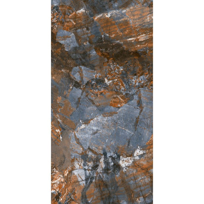 Close up of Cenefa Azul tile showing blue marble veining and glossy finish