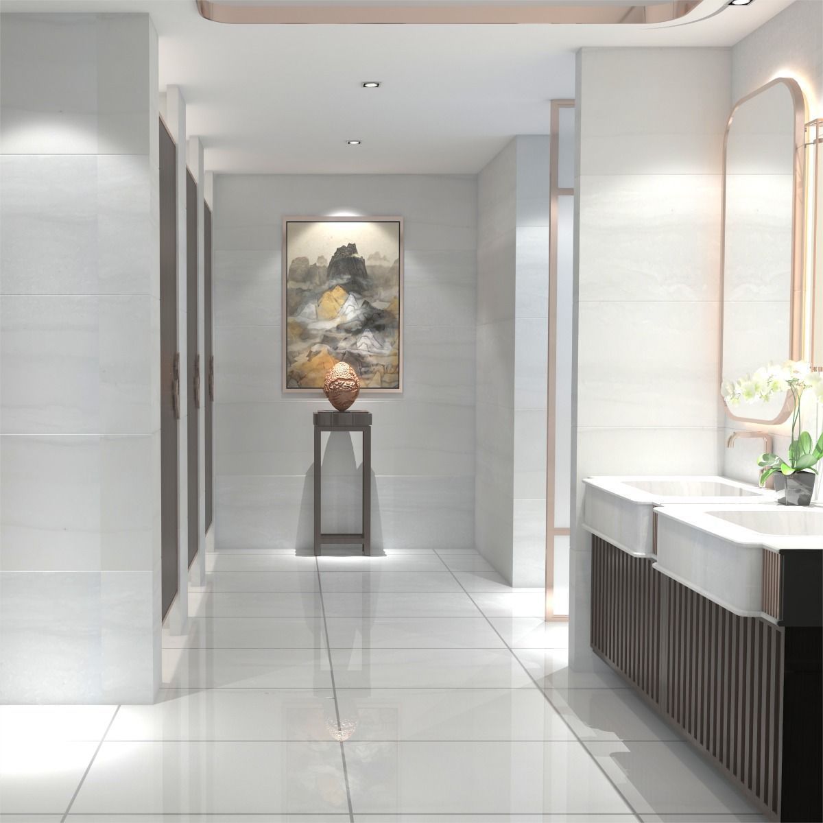 Modern bathroom interior with a sink, mirror, and decorative painting.