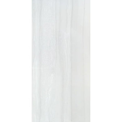 Modern bathroom wall featuring white marble-effect glossy porcelain tiles 300x600mm