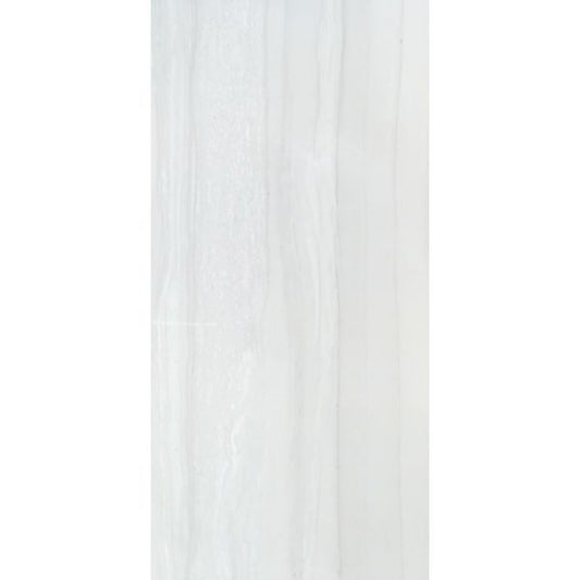 Modern bathroom wall featuring white marble-effect glossy porcelain tiles 300x600mm