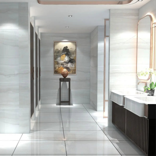 Demira white glossy porcelain floor tile 300x600mm showing full tile surface in studio lighting