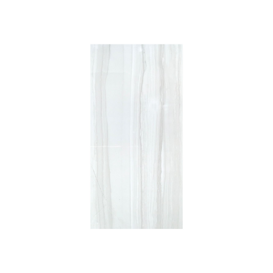 Close-up detail of Demira white glossy porcelain tile surface showing reflective finish and smooth texture