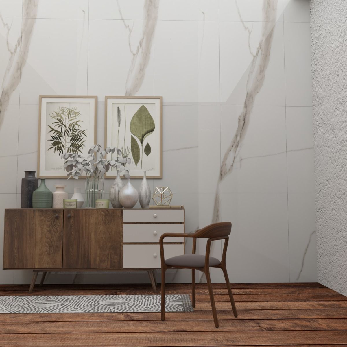 Modern interior with wooden sideboard, chair, and decorative items against a marble wall.