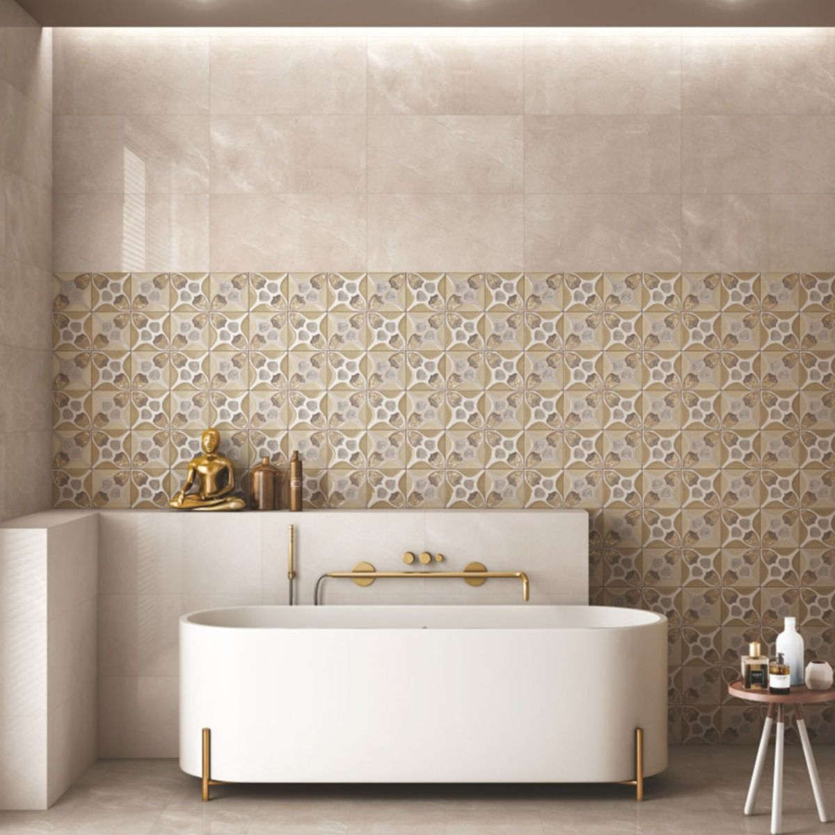 Modern bathroom with a white freestanding bathtub, gold fixtures, and decorative wall tiles.