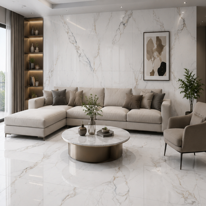 Glasgow White Floor Tile 600x1200mm rectangular porcelain floor tile with a white stone-effect finish suitable for modern interior floors.