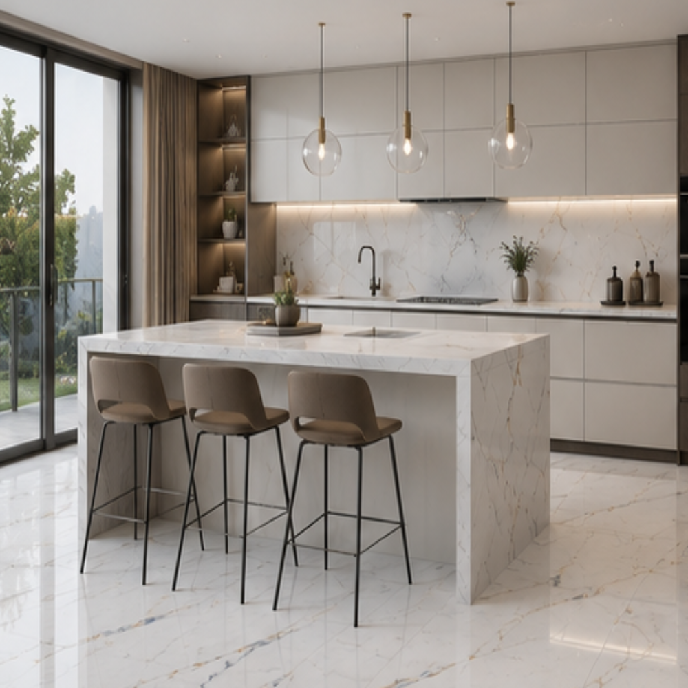 Glasgow White Marble Effect Wall Tile 600x1200mm large-format porcelain tile with realistic white marble veining.