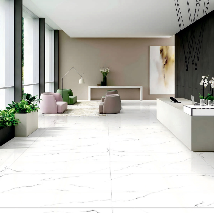 Greek Statuario glossy marble effect wall tile 600x1200mm full tile view showing white surface with soft grey veining