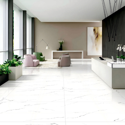 Greek Statuario glossy marble effect wall tile 600x1200mm full tile view showing white surface with soft grey veining