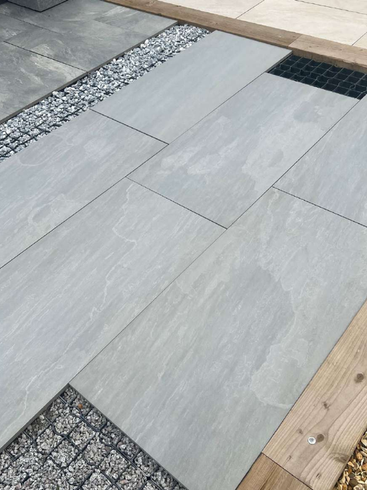 Kandla grey porcelain paving 600x1200 slabs outdoor patio large format anti slip surface