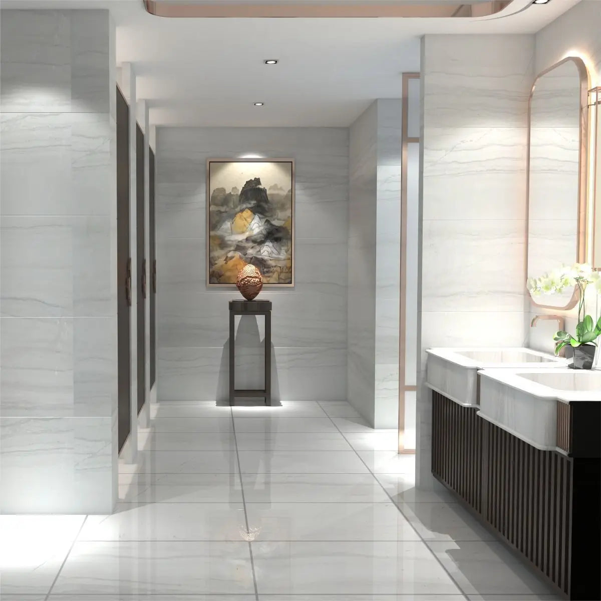 Close up of Demira light grey glossy porcelain floor tile 300x600mm with marble-effect veining for modern bathrooms