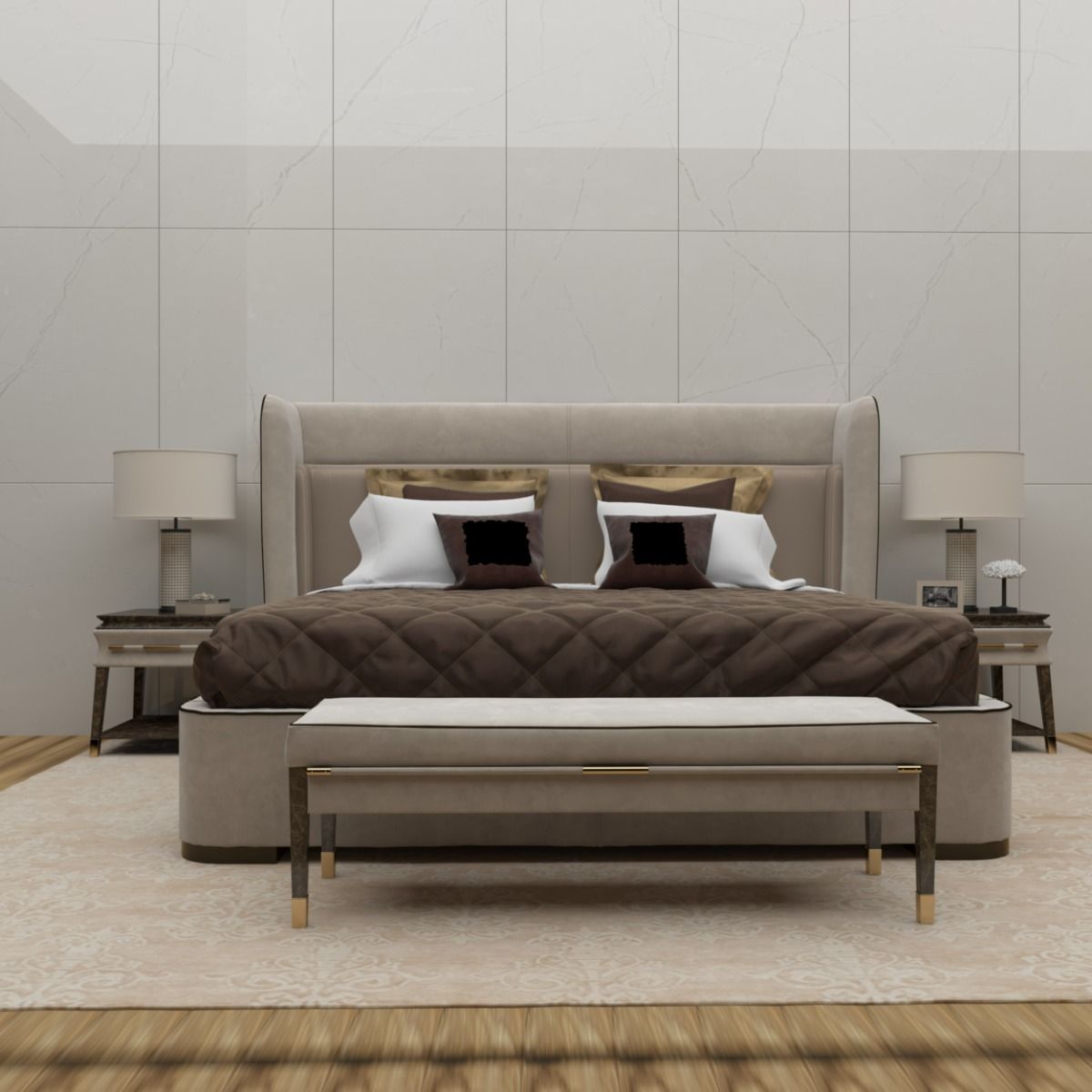 Modern bedroom with a large bed, nightstands, and lamps against a light gray wall.