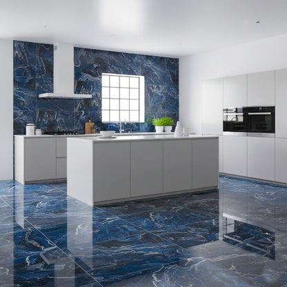 Modern kitchen with blue marble effect on floor and walls