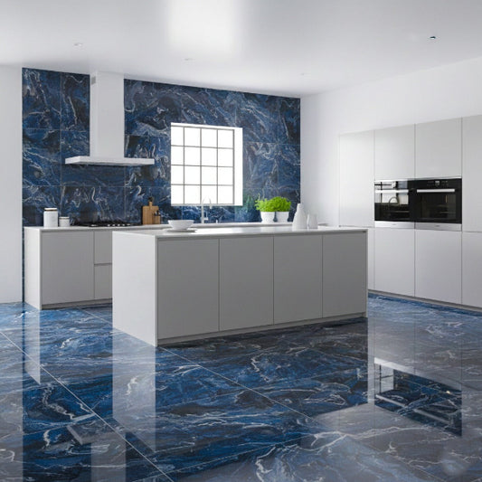 Modern kitchen with blue marble effect on floor and walls