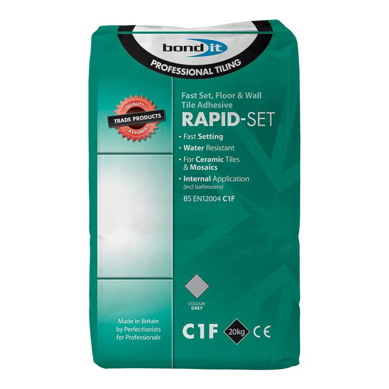 A 20kg bag of Bond It Rapid-Set C1F tile adhesive for ceramic and porcelain tiles.