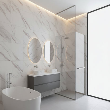 Modern interior with white textured wall and large window overlooking greenery
