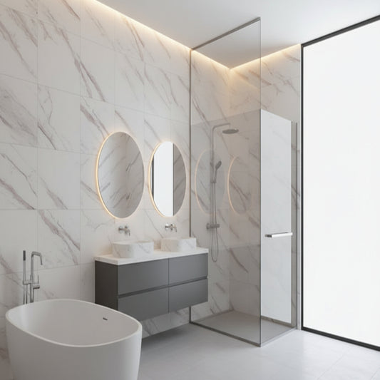 Modern interior with white textured wall and large window overlooking greenery