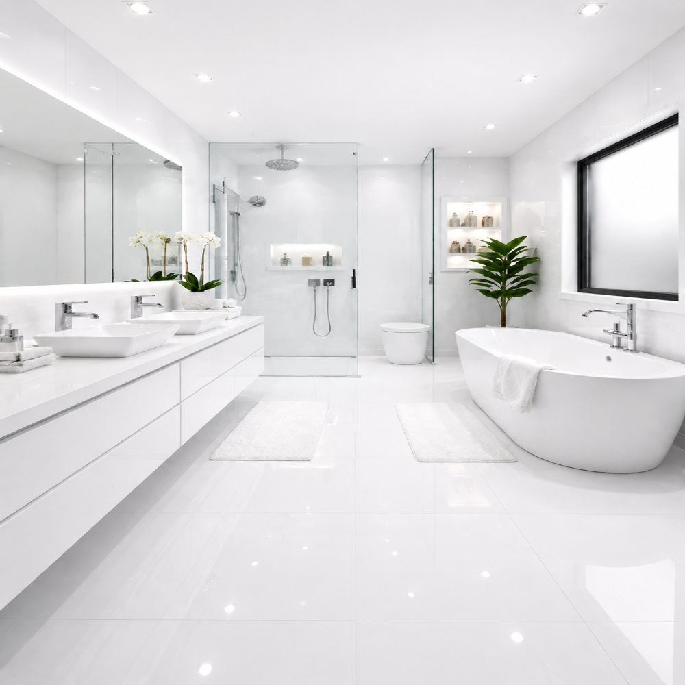 Super White Glossy Marble Effect Floor Tile 600x1200mm featuring a bright white marble-inspired design with subtle grey veining and a polished glossy finish. This large-format porcelain floor tile creates a luxurious, spacious appearance and is ideal for bathrooms, kitchens, living areas, hallways, and contemporary commercial interiors.