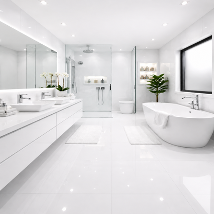 Super White Glossy Marble Effect Floor Tile 600x1200mm featuring a bright white marble-inspired design with subtle grey veining and a polished glossy finish. This large-format porcelain floor tile creates a luxurious, spacious appearance and is ideal for bathrooms, kitchens, living areas, hallways, and contemporary commercial interiors.